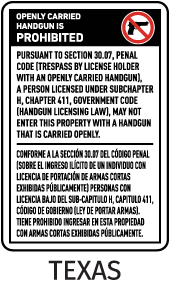 Texas 30.07 Bilingual No Open Carry Sign